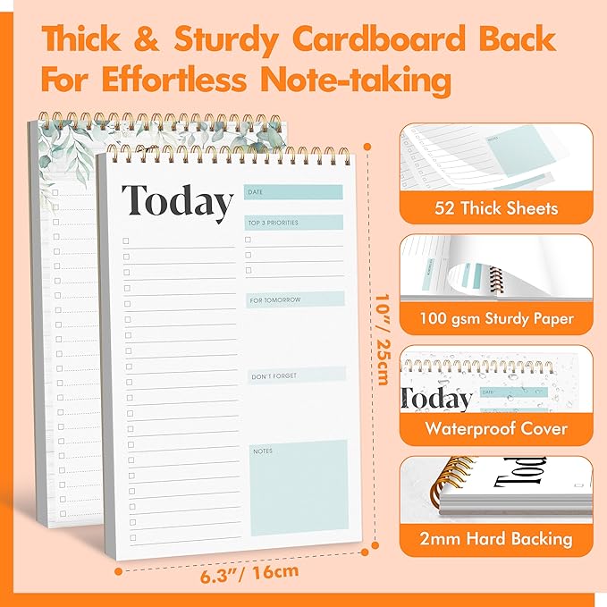2 To Do List Notepads, Daily Planner Notebook with Tear-off Design, Undated Writing Organizer for Daily Tasks and Goal, Coiled Task Track Checklist Productivity Pad for Office, Classroom, Home, School-CubbioJoy