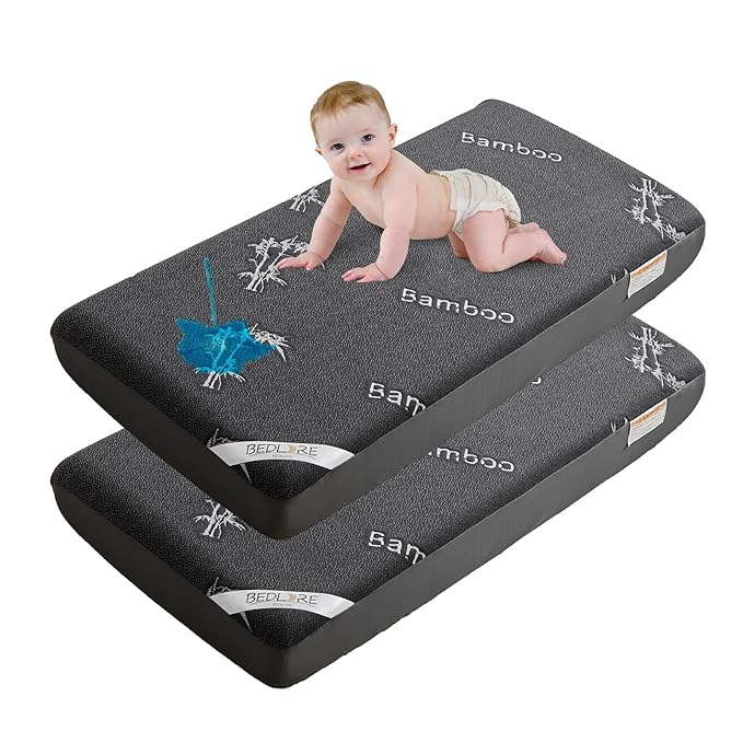 BEDLORE Waterproof Crib Mattress Protector 2 Pack, Ultra Soft Bamboo Viscose Crib Mattress Pad Cover, Noiseless Toddler Mattress Protector for Standard Baby Mattress Size 52''x28'', Dark Gray-CubbioJoy