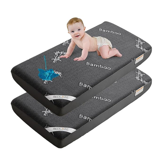 BEDLORE Waterproof Crib Mattress Protector 2 Pack, Ultra Soft Bamboo Viscose Crib Mattress Pad Cover, Noiseless Toddler Mattress Protector for Standard Baby Mattress Size 52''x28'', Dark Gray-CubbioJoy