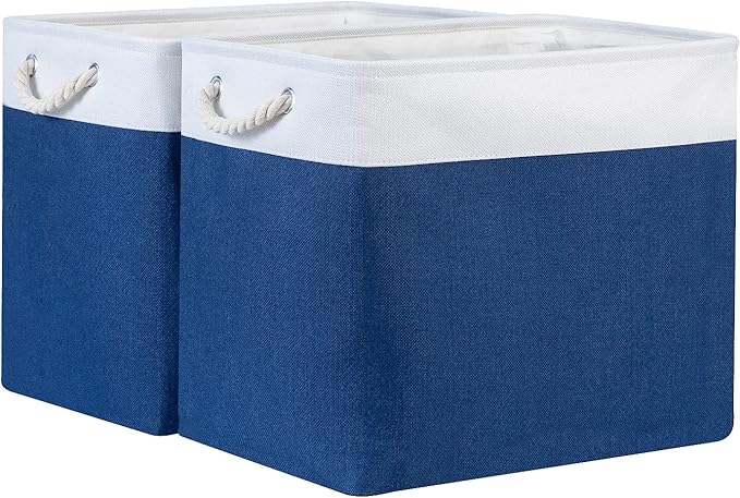 Bidtakay Large Canvas Organization Bins Set of 2 Navy Blue Rectangular Baskets 17x12x15 in for Blankets, Clothes, Towels, Dog Toys Storage-CubbioJoy