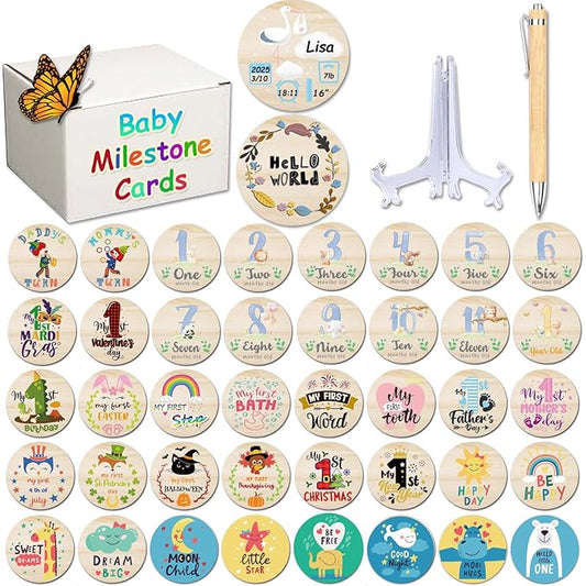 42 Designs First Year Milestones,Wooden Baby First Holiday Signs,Baby Monthly Milestone Photo Props for Newborn to Age 1,Pregnancy Baby Shower Cards (First Holiday Milestone)-CubbioJoy