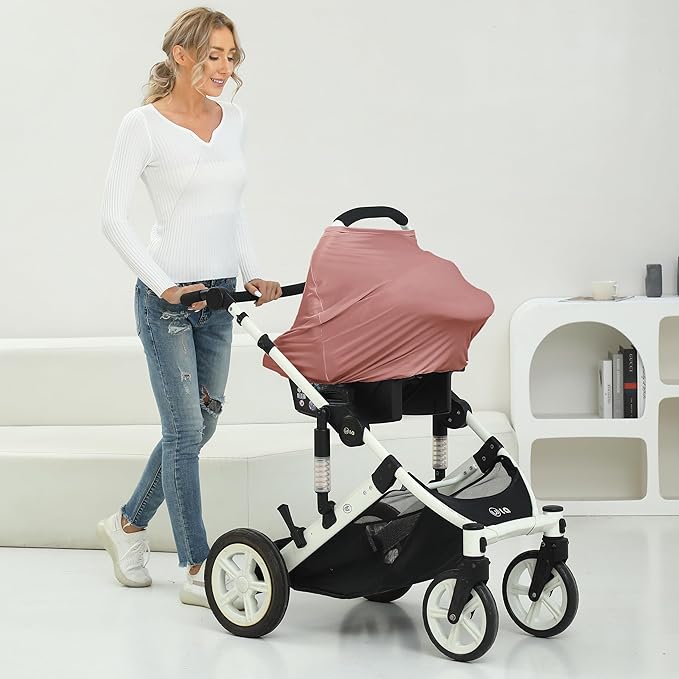 Breathable Car Seat Cover for Babies – Multi-Purpose Soft Rayon Nursing Cover for Breastfeeding, High Stretchy Infant Carseat Canopy, Stroller Cover (Smooth Rayon, Blush)-CubbioJoy