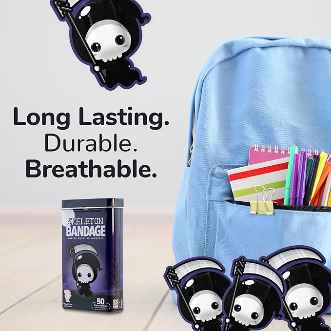 BioSwiss Bandages, Halloween Skeleton Shaped Self Adhesive Bandage, Latex Free Sterile Wound Care, Fun First Aid Kit Supplies for Kids, 50 Count-CubbioJoy