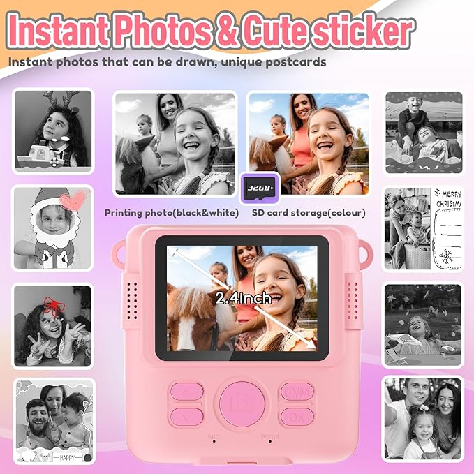 Instant Print Camera for Kids, Christmas Birthday Gifts Girls Boys Age 3-12, HD Digital Video Cameras Toddler, Portable Toy 3 4 5 6 7 8 9 10 Year Old Girl with 32GB SD Card-Pink-CubbioJoy