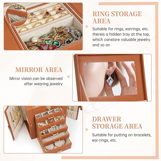 AKOZLIN Jewelry Box Organizer Functional Leather Jewelry Storage Case for Women Girls Ring Necklace Earring Bracelet Holder Organizer with Mirror-CubbioJoy