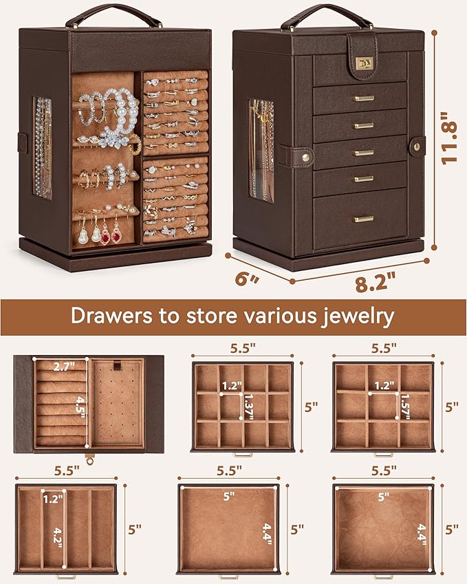 AKOZLIN 360° Rotating Jewelry Box 6-Tier Organizer Functional 360° Rotating Jewelry Storage Case for Women Girls Ring Necklace Earring Bracelet Holder with Mirror Brown-CubbioJoy