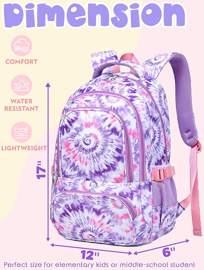 BLUEFAIRY Kids Backpack for Girls Elementary Primary Middle School Bag for Aged 8-10 for Teens Childs Bookbag Back to School Bag Mochilas Escolares para Niñas de 7 8 9 10 Tie-dye Purple-CubbioJoy