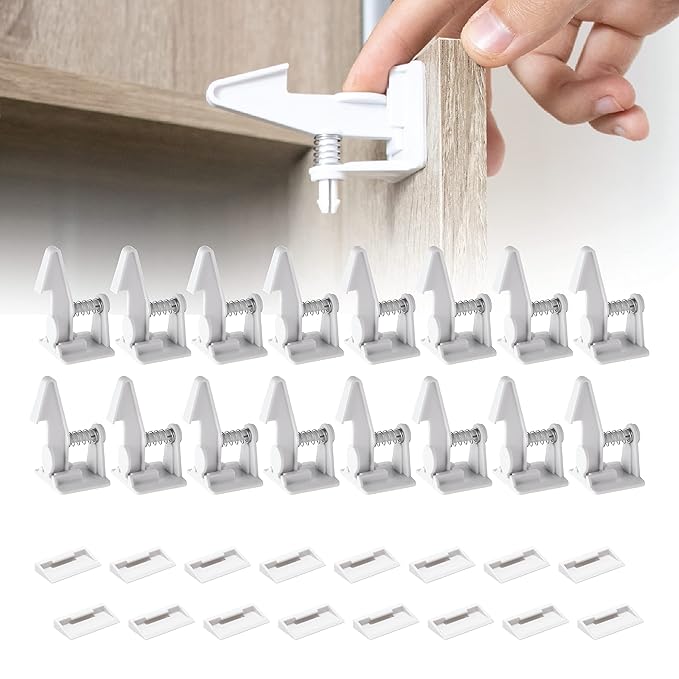 Inaya 16-Pack Cabinet Locks, Child Safety Latches - Baby Proofing Cabinets and Drawer Locks - 3M Adhesive - No Drilling & No Tools Required - Child Proof Your Home-CubbioJoy
