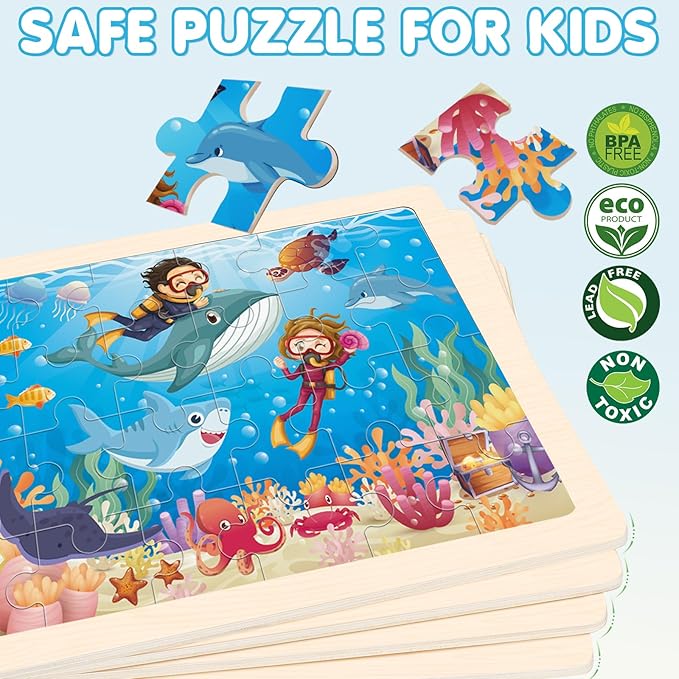 4 Packs Puzzles for Kids Ages 4-6, Wooden Animals Jigsaw Puzzles for Toddlers Ages 2-4, Preschool Educational Puzzles Boards Toys Gifts for 3 4 5 6 Boys Girls-CubbioJoy