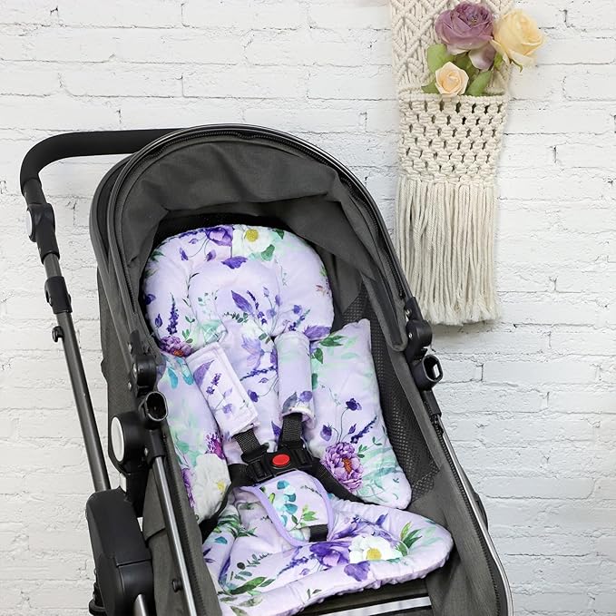 Infant Car Seat Insert and Strap Covers, Very Soft Car Seat Head Support Baby Girl Boy, Reversible Newborn Carseat Insert Cushion Fits for Stroller, Baby Swing, Bouncer (Purple Floral)-CubbioJoy
