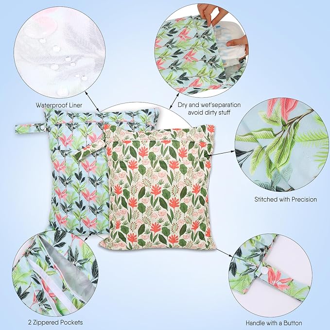 2pcs Travel Waterproof Laundry Bag, Cloth Diaper Wet Dry Bags with Handle & 2 Zipper Pockets, Reusable Washable Dirty Clothes Bag for Baby Adult Travelling Hanging, Bathing Beach Pool Daycare-CubbioJoy