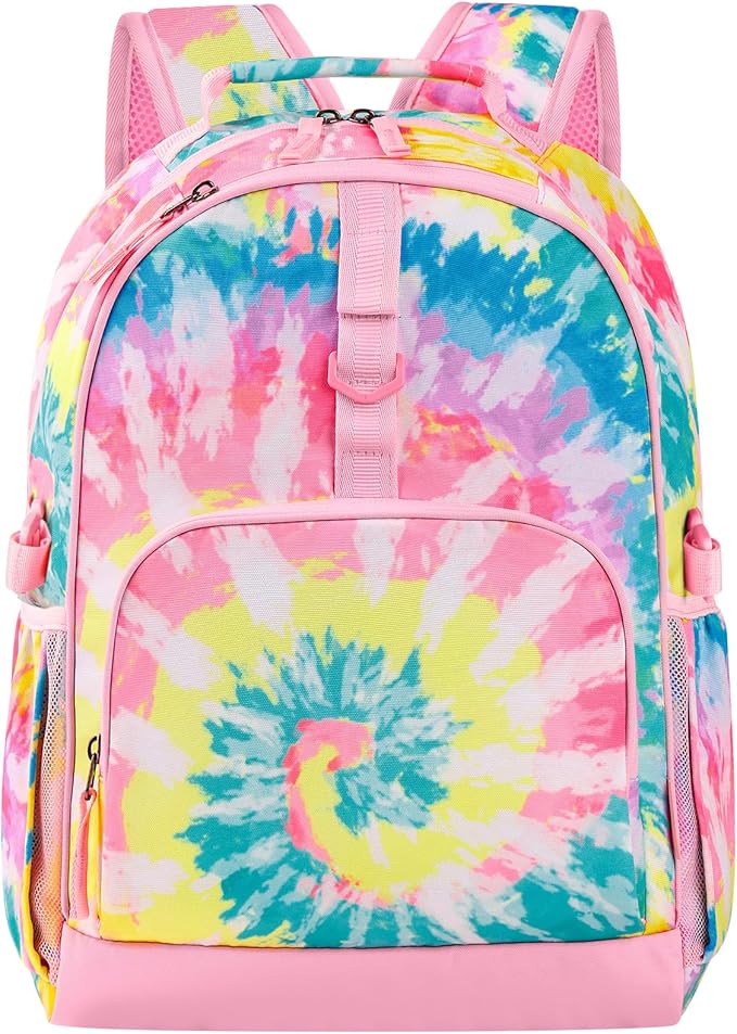 Choco Mocha Tie-Dye Backpack for Girls, Elementary School Backpack for Girls Ages 6-8 Kids Kindergarten Backpack Large Bookbag 18 Inch with Chest Strap, Colorful-CubbioJoy