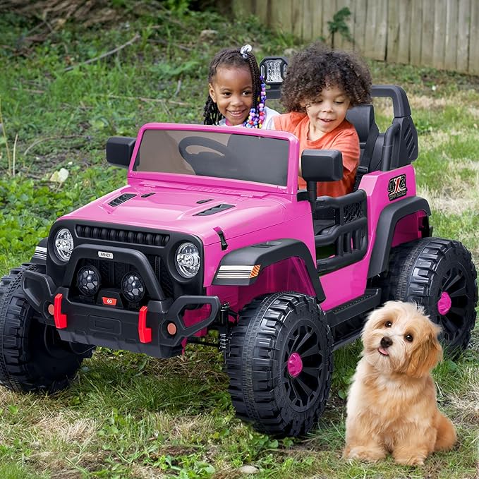 2 Seater Ride on Car Truck, 12V Kids Electric Ride on Toy for Big Kids Age 3-8 w/Remote Control- Hot Pink-CubbioJoy