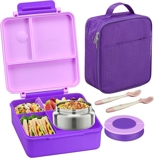 Bento Lunch Box for Kids with 8oz Soup Thermo&Lunch Bag, Leak-Proof Lunch Food Containers with 4 Compartment, Hot Food Insulated Food Jar for Kids School (Purple)-CubbioJoy