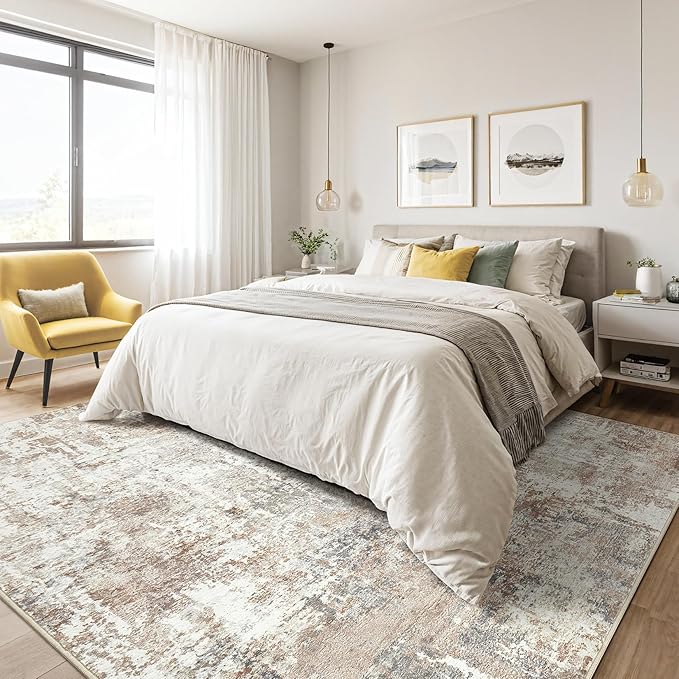 5x8 Area Rug Living Room: Machine Washable Large Abstract Modern Soft Rugs Stain Resistant Indoor Floor Non Slip Accent Carpet for Bedroom Nursery Playroom Office Dining Room Dorm Home House- Brown-CubbioJoy