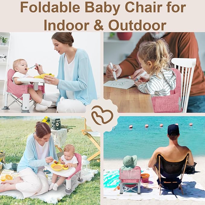 Baby Travel Booster Seat with Double Tray, BabyBond Upgraded Toddler Portable Baby Chair, Booster Seat for Dining Table, Stable and Foldable Booster Baby Chair for Indoor/Outdoor (Pink)-CubbioJoy