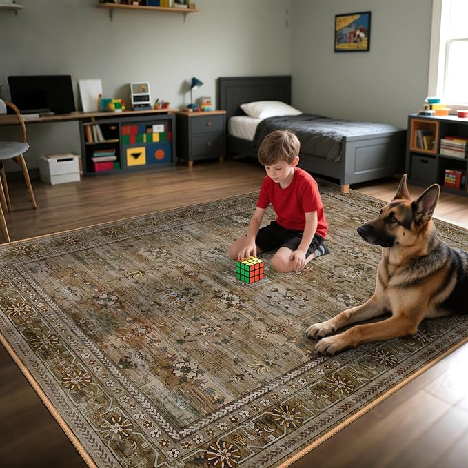 8x10 Washable Area Rug for Living Room, Non Slip Vintage Floral Print Rugs No Shedding, Distressed Thin Retro Accent Carpet for Bedroom Nursery Farmhouse Dining Room Olive/Charcoal-CubbioJoy