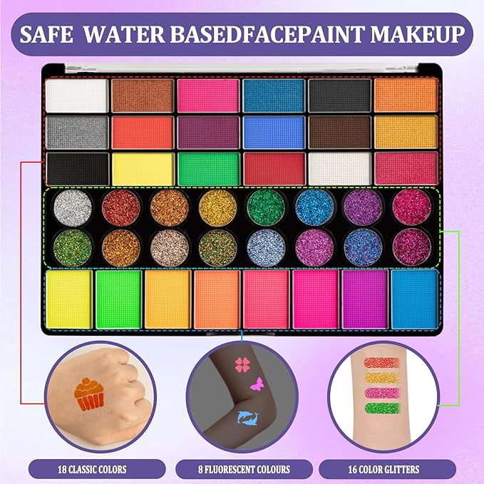 42 Colors Kids Face Painting Kit,Non Toxic Water Activated Face Paint Palette with 5 Reusable & 45 Sticky Stencils,11 Brushes,2 Gems.Ideal for Mardi Gras,Halloween,Christmas,makeup,Parties,Makeup etc.-CubbioJoy