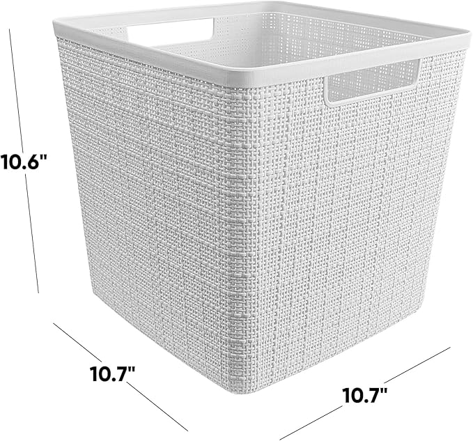 Curver Jute Decorative Plastic Organization and Storage Basket Perfect Bins for Home Office, Closet Shelves, Kitchen Pantry and All Bedroom Essentials, White, Large Cube, Set of 4-CubbioJoy