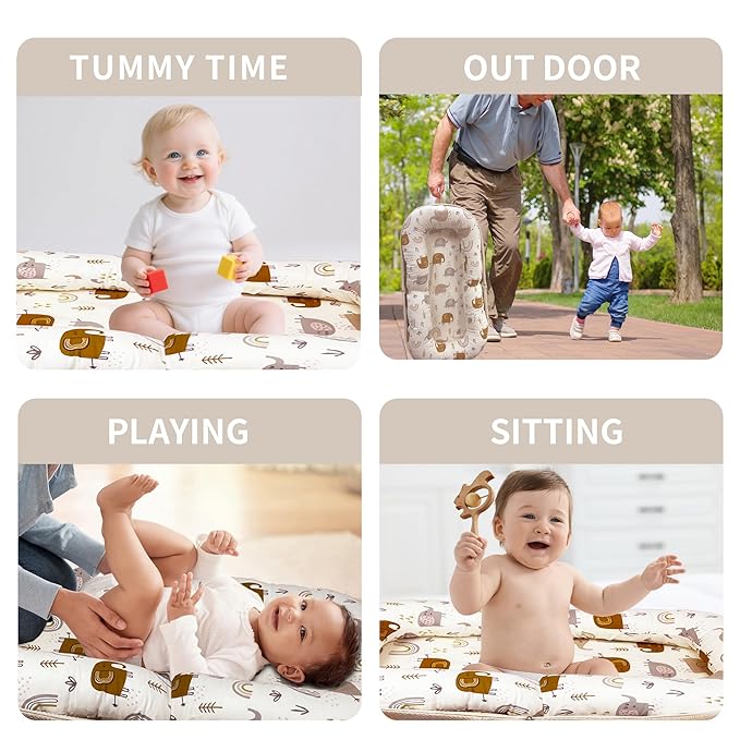 Baby Lounger, Foldable Infant Nest Pillow with Soft Memory Foam Mat, Cover with Adorable Pattern, Converts to Backpack for Easy Travel, 0-12 Months, White-CubbioJoy