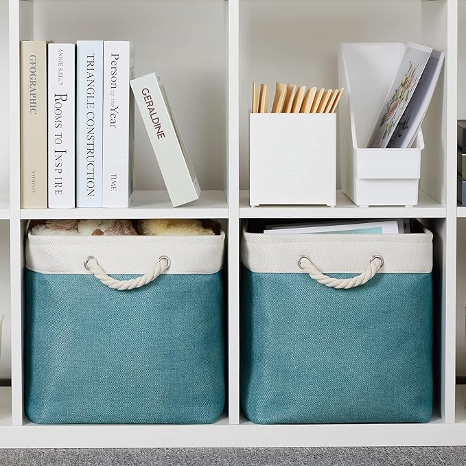 Bidtakay Foldable Storage Bins Set of 2 Tall Cloth Baskets 16" X 11.8" X 11.8" Decorative Organizers for Linen Closet (White & Teal)-CubbioJoy