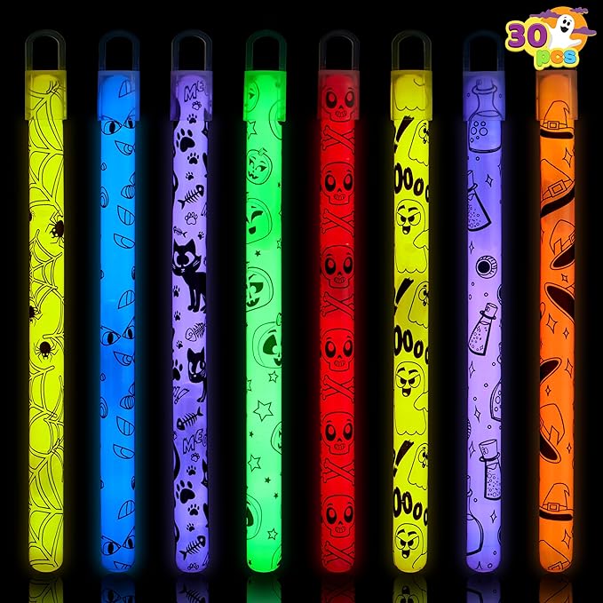 JOYIN 30 Pcs Halloween Glow Sticks Bulk Party Pack, Hanging Wands in 8 Design, 6 Color Light Up Stick for Kid Glow in The Dark Halloween Party Favor Supplies, Goodie Bag Filler, Trick or Treating Gift-CubbioJoy