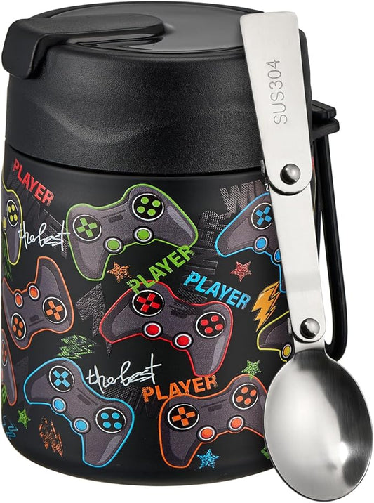 17oz Soup Thermo for Hot Food Kids Insulated Vacuum Food Jar with Stainless Steel Spoon Wide Mouth Thermo Leakproof Lunch Food Container Kids Hot Lunch Box (Black-Game)-CubbioJoy