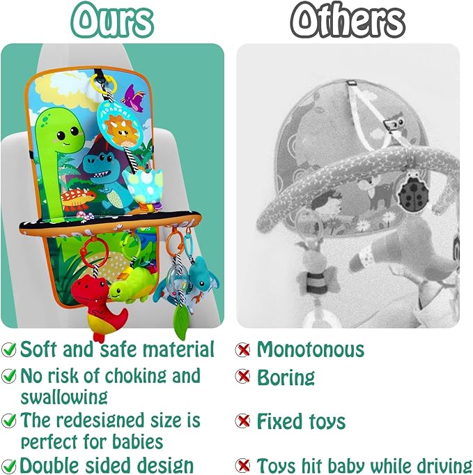 Baby Car Seat Dinosaurs Toys - Kick and Play Double Sided Infant Car Seat Toys with Plush Toys, Mirror, Teether for Baby, Babys Travel Activities, Christmas Birthday Gifts Newborn Infant Toys-CubbioJoy