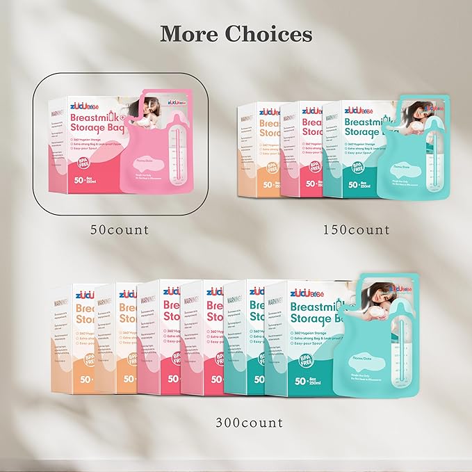 Breastmilk Storage Bags(50 Count)，8oz Milk Storage Bags for Breastfeeding，BPA Free with Easy Pour Spout, Self Standing, for Refrigeration and Freezing Red-CubbioJoy