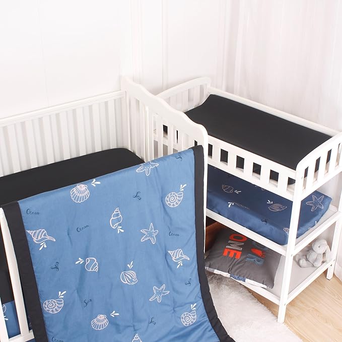CaSaJa 4-Piece Crib Bedding Set for Boys and Girls, Nursery Baby Bedding Set Including Quilted Comforter with Fitted Crib Sheet and Changing Pad Covers, Reversible Quilt Design, Sea Conch-CubbioJoy