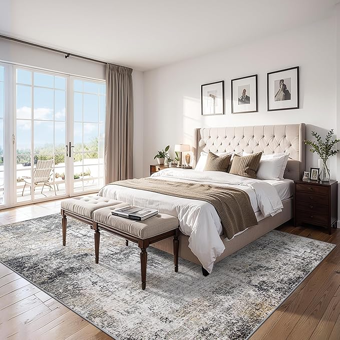 Area Rugs 9x12 Living Room - Washable Rug Modern Abstract Soft Large Neutral Non-Slip Carpet Indoor Floor Thin Carpets for Bedroom Dining Room Farmhouse Nursery Home Office Brown Black Grey-CubbioJoy