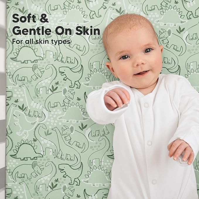 KeaBabies 2-Pack Organic Crib Sheets for Boys, Girls - 52x28 Fitted Crib Mattress Sheet Neutral, Breathable Jersey Cotton Cover for Baby Bed, Toddler Mattress, Soft & Cute Prints (DinoDood)-CubbioJoy