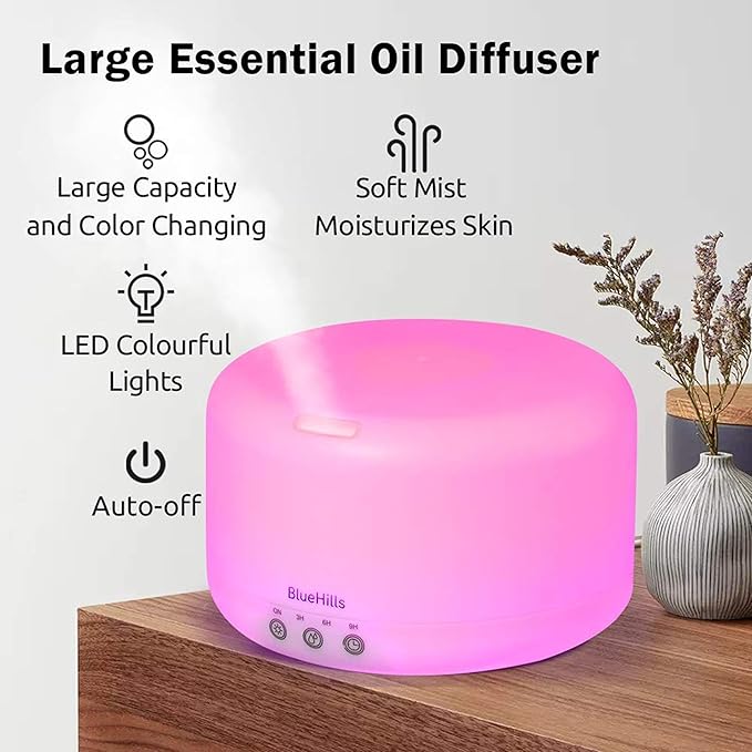 BlueHills Premium 1000 ML XL Essential Oil Diffuser Aromatherapy Humidifier with Remote for Large Room Home 18 Hour Run Huge Coverage Area 1 Liter Mood Lights Extra Large Capacity White D001-CubbioJoy