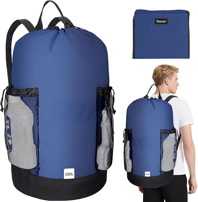 BALEINE 150L Laundry Bag Backpack, 900D Oxford Fabric Large Travel Laundry Bags with Shoulder Straps and 2 Mesh Pockets for College Dorm, Apartment, Laundromat (Navy, 150L)-CubbioJoy