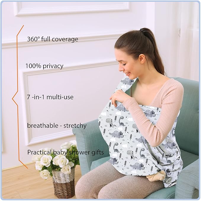 Car Seat Covers for Babies - Multi- use Nursing Carseat Canopy, Breastfeeding Covers, Baby Shower Gifts for Boys and Girls (Grey Dinosaur)-CubbioJoy