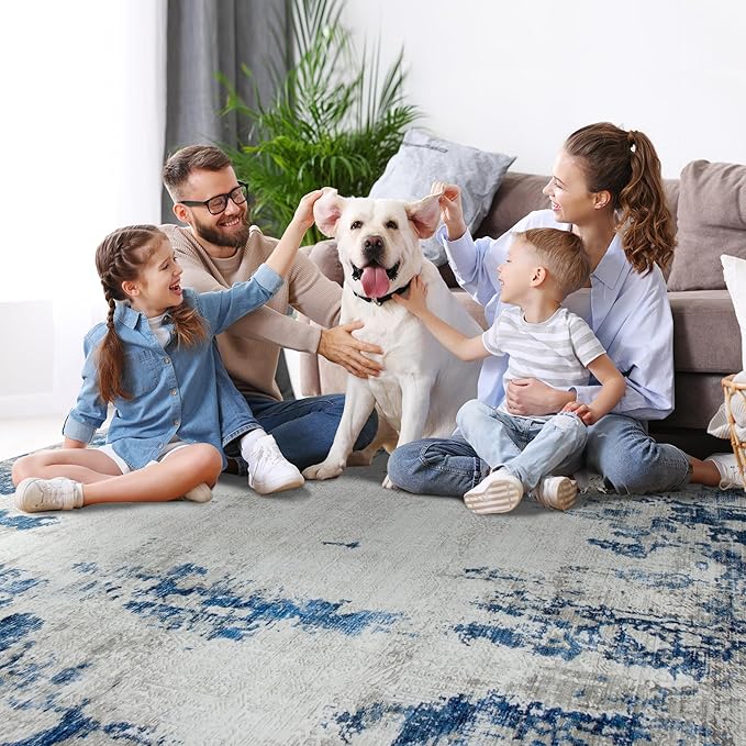 5x7 Area Rugs for Living Room Rug Washable: Modern Rug for Dining Room Bedroom Carpet Non Slip Low Pile 5 by 7 Indoor Abstract Nursery Home Office Blue White-CubbioJoy