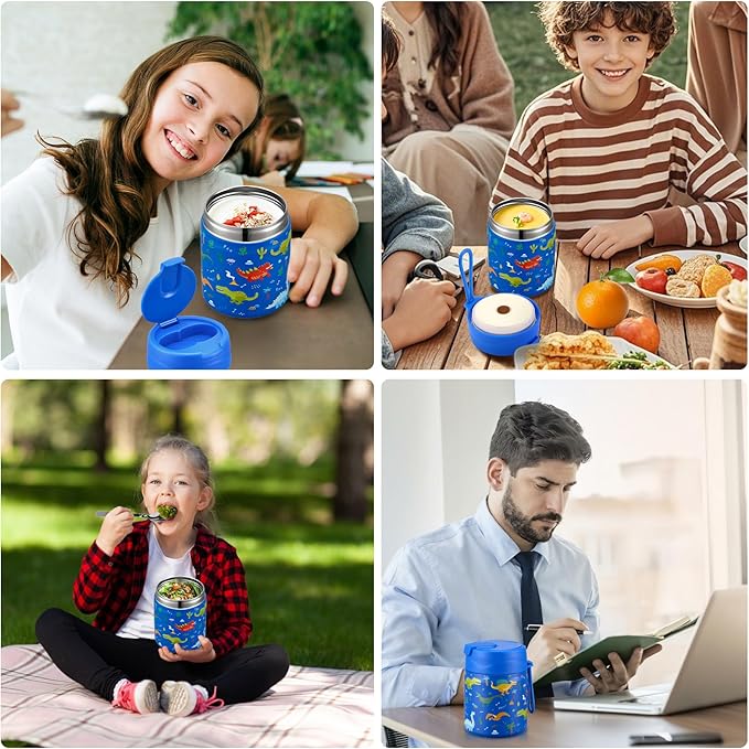 17oz Soup Thermo for Hot Food Kids,Insulated Food Jar with Spoon,Thermo Hot Food Lunch Container,Wide Mouth Leakproof Stainless Steel Lunch Box for School-Dinosaur-CubbioJoy