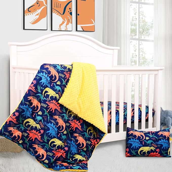 Cloele Crib Bedding Set for Boys,3 Piece Dinosaur Crib Bedding Set,Include Soft Baby Comforter,Breathable Fitted Sheet & Pillowcase,Navy Blue Nursery Baby Bedding for Boys-CubbioJoy