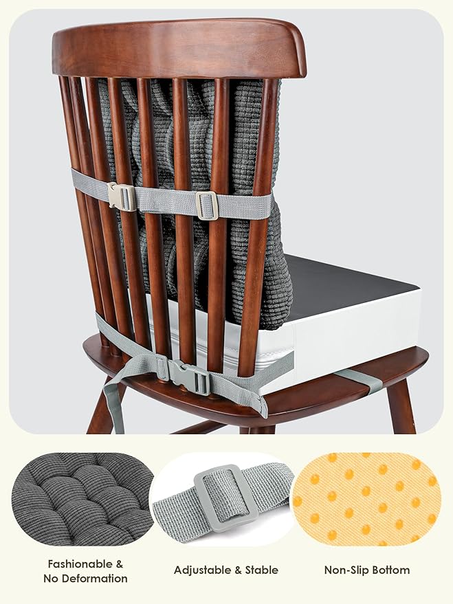 Booster Seat for Kitchen Chair, Adjustable Washable Safety Belts Toddler Booster Seats, PU Non-Slip Kids Dining Table Booster Seat, Portable Travel Increasing Cushion for Child Kid Boy Girl - Gray-CubbioJoy