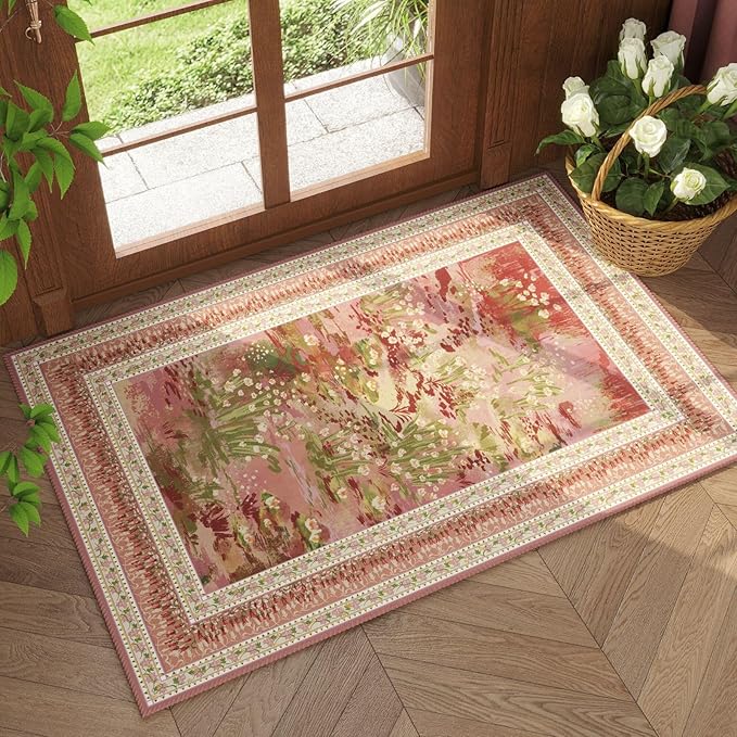2x3 Rug Impressionist-Style Vintage Indoor Door Mat Machine Washable Small Area Rug Non-Slip Low Pile Throw Rugs for Entryway Kitchen Front Door Indoor Entrance Entry Kids Room, Pink-CubbioJoy