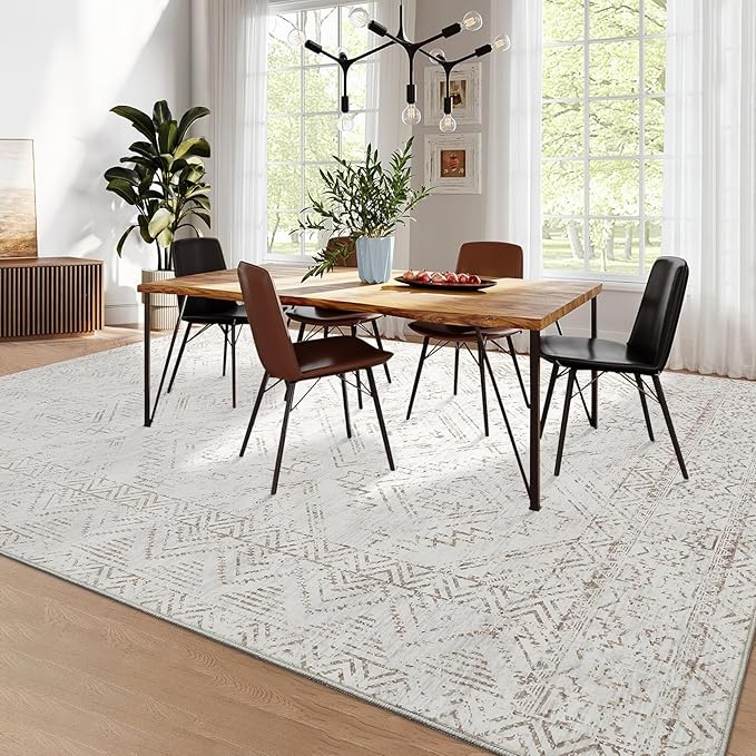 COZYLOOM 10x13 Area Rug Living Room Washable Rugs Stain Resistant for Bedroom Soft Floor Carpet Non Slip Distressed Geometric Carpet for Dining Room Laundry Room Office, Ivory-CubbioJoy