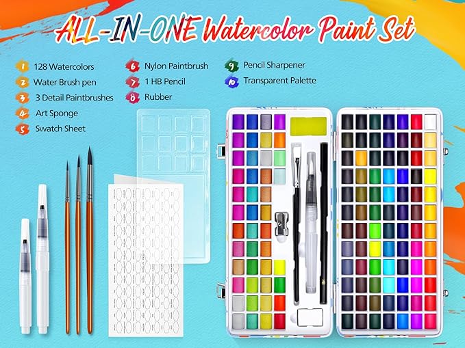 Caliart Watercolor Paint Set, 128 Colors with 4 Brushes Metallic Color Palette Kit, Portable Travel Watercolors Painting Gifts for Adults Kids Teen Girls Boys Art Supplies-CubbioJoy