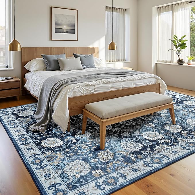 6x9 Area Rug for Living Room & Bedroom, Washable Non-Slip Vintage Rugs, Floral Soft Carpet, Low Pile Wool Carpets for Indoor Dining Home Office Playroom Under Table, Modern Decor, Blue Garden-CubbioJoy