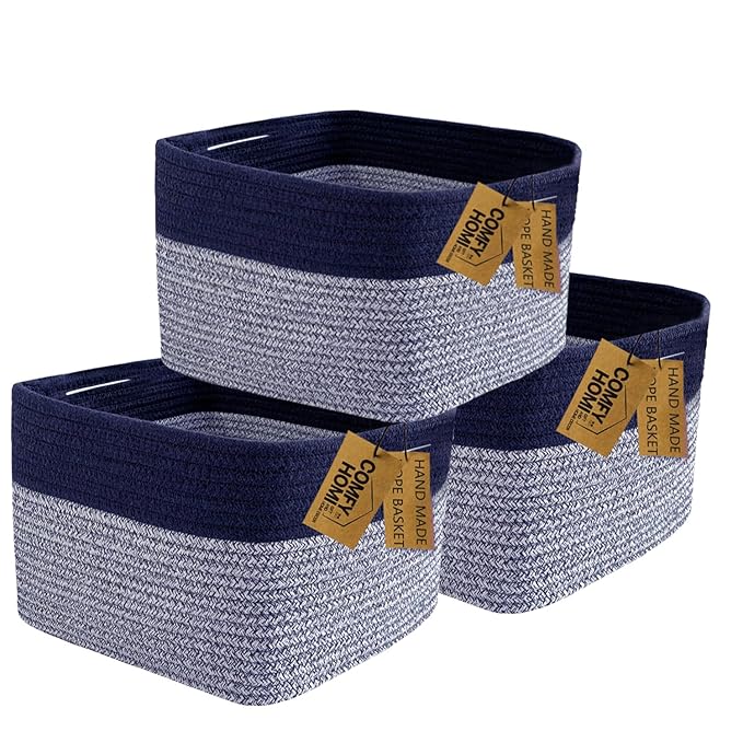 COMFY-HOMI 3PACK Rectangular Cotton Rope Basket With Handles for Shelves|Dog Toy|Baby Gift - Dark Blue (13.5" x 11" x 9.5")-CubbioJoy