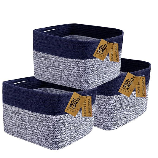 COMFY-HOMI 3PACK Rectangular Cotton Rope Basket With Handles for Shelves|Dog Toy|Baby Gift - Dark Blue (13.5" x 11" x 9.5")-CubbioJoy