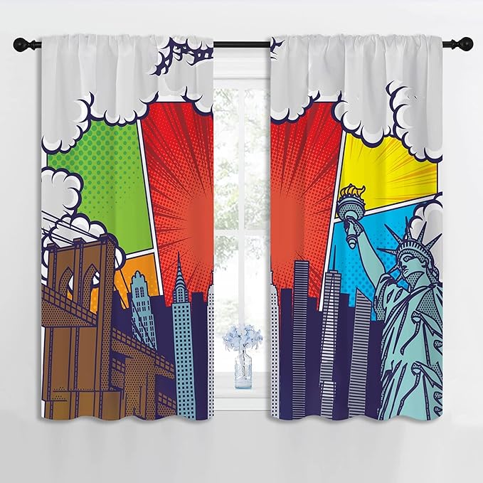 City Rod Pocket Blackout Curtains for Boy Girl Bedroom, Pop Art Style New York Cityscape Home Energy Efficient Light Filtering Window Curtain for Living Room, 42x63 inch-CubbioJoy