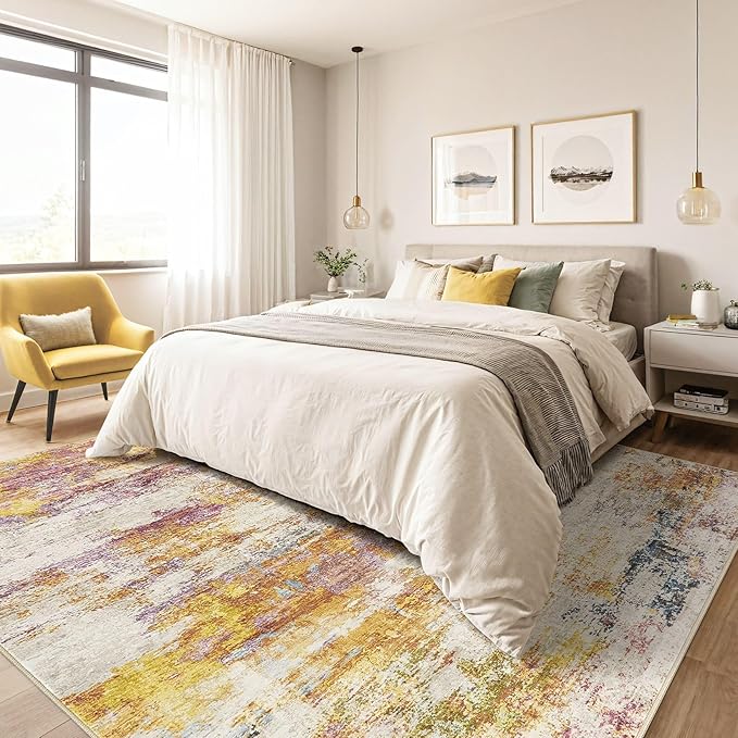 8X10 Area Rugs Living Room: Washable Large Abstract Modern Soft Stain Resistant Indoor Floor Rugs Non Slip Accent Carpet for Bedroom Nursery Playroom Office Dining Room Dorm Home House- Gold Colorful-CubbioJoy