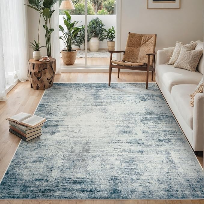 5x7 Area Rugs for Living Room Bedroom, Abstract Washable Rugs with Non-Slip Backing, Stain Resistant Indoor Floor Carpet for Dining Room Table Nursery Hallway Home Office-Blue/Ivory-CubbioJoy