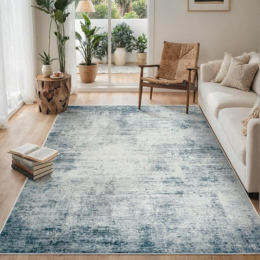 5x7 Area Rugs for Living Room Bedroom, Abstract Washable Rugs with Non-Slip Backing, Stain Resistant Indoor Floor Carpet for Dining Room Table Nursery Hallway Home Office-Blue/Ivory-CubbioJoy