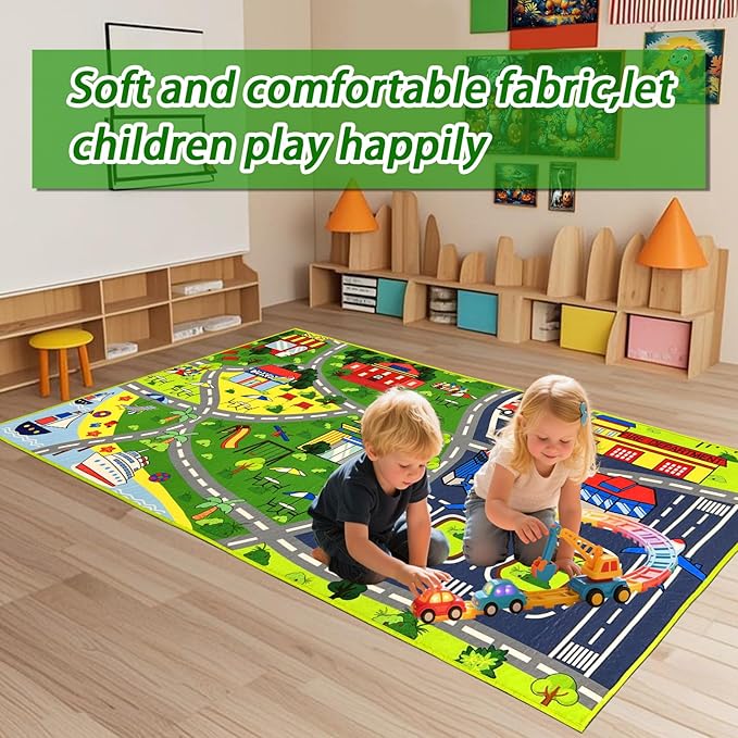 Car Rug Play Mat - Car Train Rugs Playroom Mat, Kids Rugs for Bedroom Road Rug with City Map Design Kid Room Decor, 59x31.49 lnches-CubbioJoy
